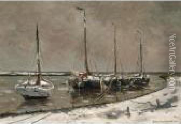 Snow Covered Boats In The Harbour Of Katwijk Oil Painting - Gerhard Arij Ludwig Morgenstje Munthe