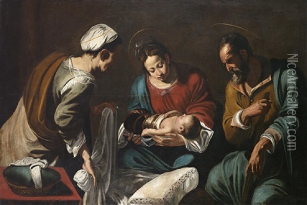 Die Madonna Betet Das Kind An, Mit Dem Heiligen Joseph Und Der Heiligen Anna Oil Painting - Giovanni Francesco Guerrieri