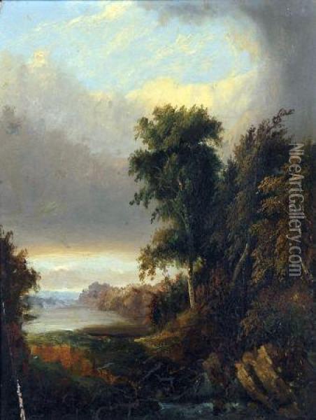 Wooded Landscape With Distant Lake Oil Painting - William Henry Crome