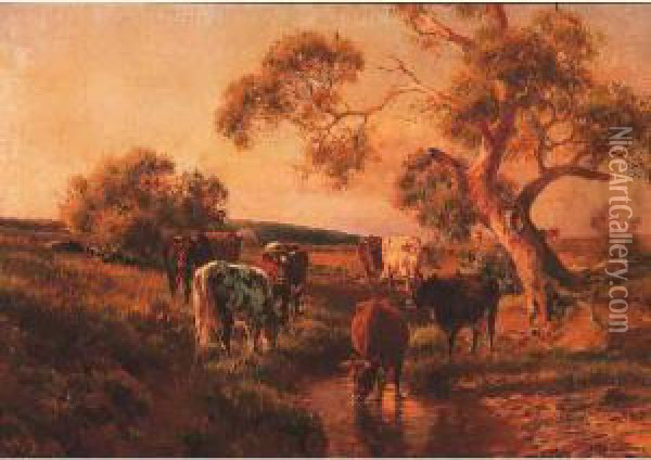 Cattle Grazing By A Stream Oil Painting - Jan Hendrik Scheltema
