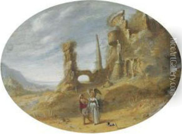 An Italianate Landscape With Tobias And The Angel Near Classicalruins Oil Painting - Rombout Van Troyen