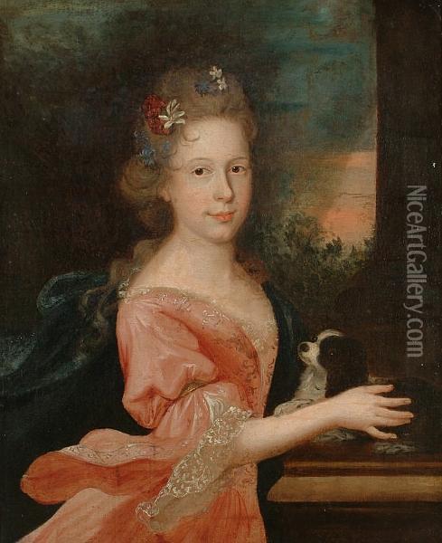 Portrait Of A Young Girl, 
Half-length, In A Pink Dress With A Blue Wrap And Flowers In Her Hair, 
Stroking A Dog Oil Painting - Nicolas de Largillierre