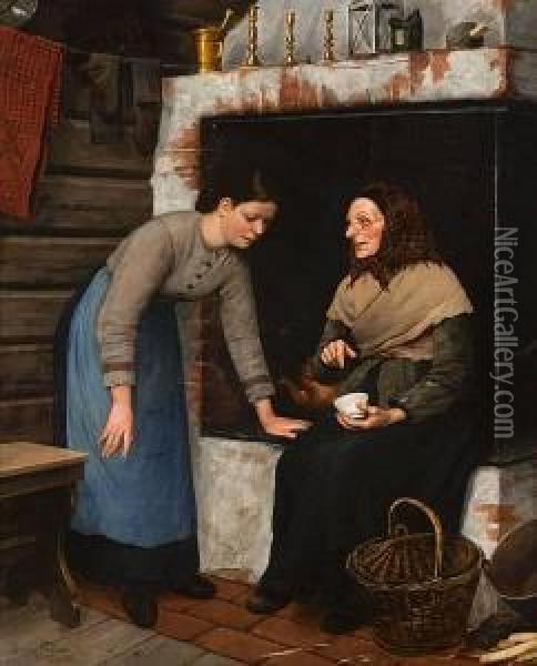 Spakone Ved Gruen Oil Painting - Georg Fred. Nielsen Stromdal