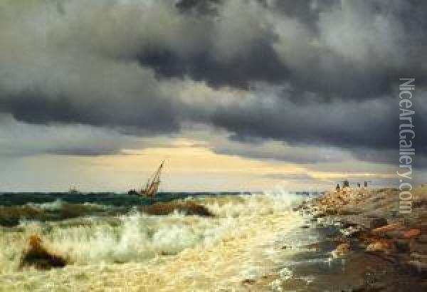 The Point Of Kronborg. A Passing Thunder Shower Oil Painting - Carl Johan Neumann