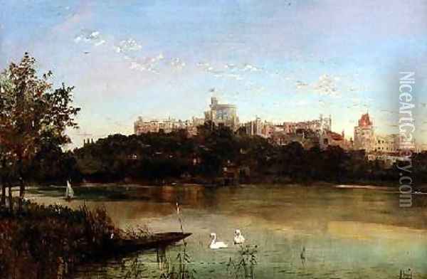 Figures in a Punt and Swans on the Thames with Windsor Castle in the background Oil Painting - J. Lewis