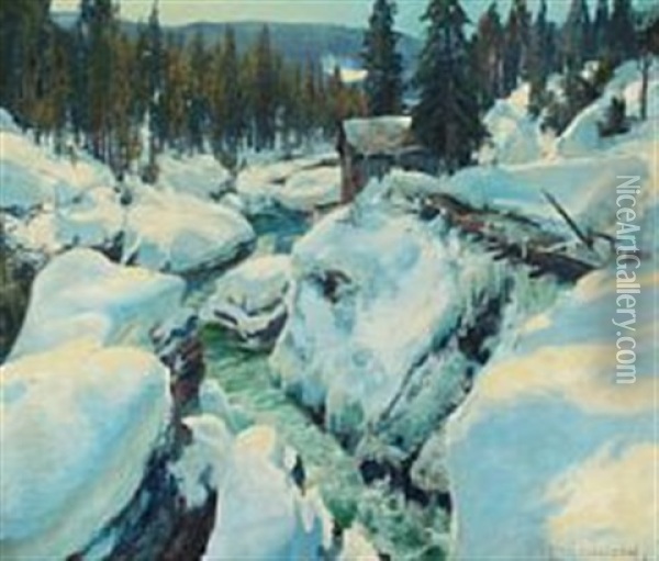 Norwegian Wintry Landscape With A Creek Oil Painting - Peder Jacob Marius Knudsen