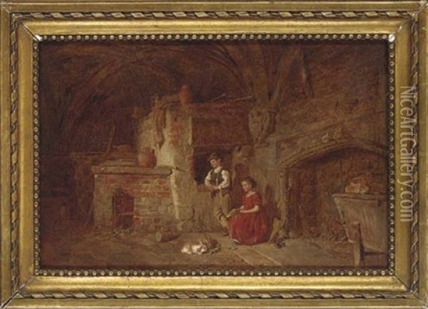 A Young Boy And Girl In A Kitchen Interior Feeding Rabbits Oil Painting - Alfred Provis