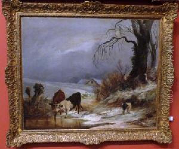 Winter Landscape, With Cattle Beside A Pond, A Dog Nearby Oil Painting - William Thomas Such