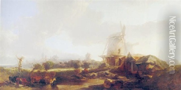 Scene In Holland, Cattle By A Windmill Oil Painting - Henry Bright