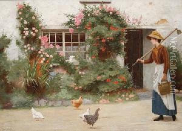 Summer Idyll - A Gardener And Chickens Outsidea Cottage Oil Painting - Ralph Todd
