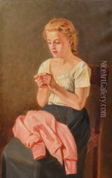 A Sewing Girl Oil Painting - Arvid Liljelund