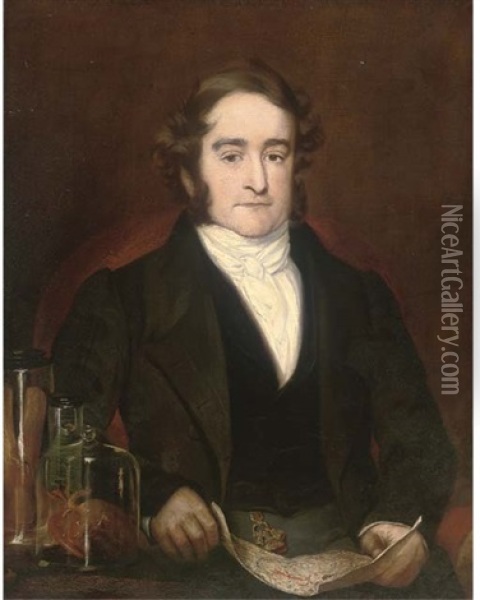 Portrait Of Richard Bright (1789-1888), With Medical Jars Containing Specimens On A Table To His Side Oil Painting - Frederick Richard Say
