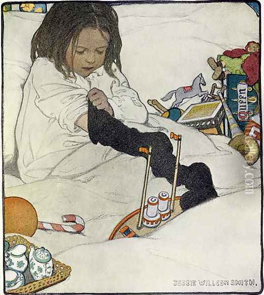 Opening the Christmas Stocking, 1902 Oil Painting - Jessie Wilcox-Smith