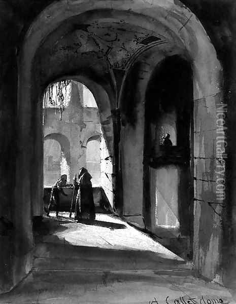 The arcade of a monastery cloister with a monk and a mendicant Oil Painting - Alphonse-Apollodore Callet