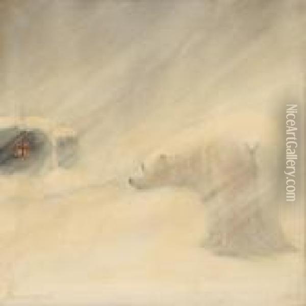 A Polar Bear Sees Into A Warm Hut Oil Painting - Emanuel A. Petersen