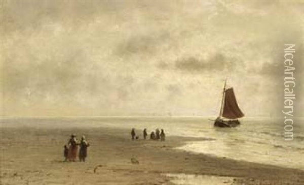 A Coastal Scene With A Bomschuit Oil Painting - Johannes Joseph Destree