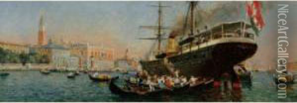 L' Arrivee Du Paquebot Dans La Lagune Et Le Debarquement Des Passagers A Venise Oil Painting - Gaston-Marie-Anatole Roullet