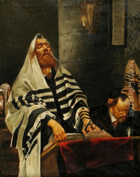 Worshipers In The Synagogue Oil Painting - Stanislav Grocholski