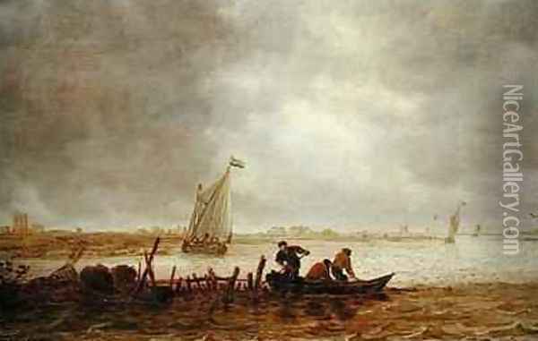 View of an Estuary with a Fishing Boat Oil Painting - Jan van Goyen