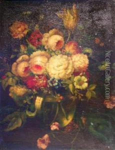 Still Life Of Tulips, Peonies And Other Summer Flowers In A Glassvase On A Table Oil Painting - Jan Frans Van Dael