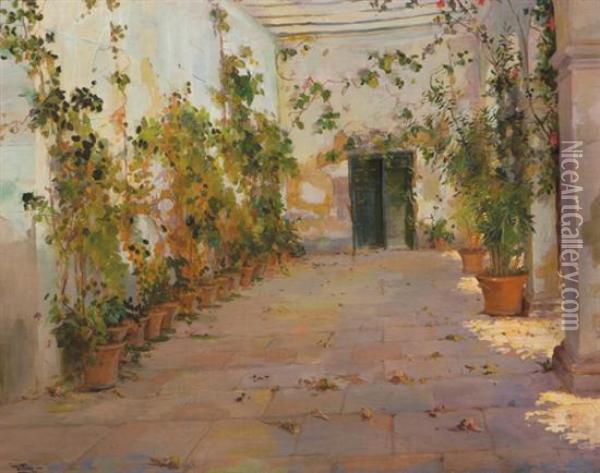 Courtyard In Summer Oil Painting - Francisco Ramon Cilla
