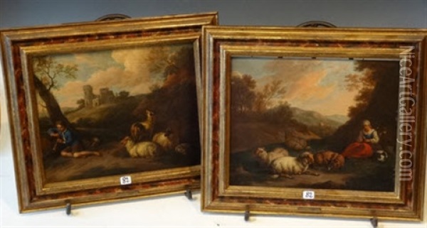 Berger Et Bergere Gardant Leur Troupeau De Moutons (pair) Oil Painting - Martinus De La Court