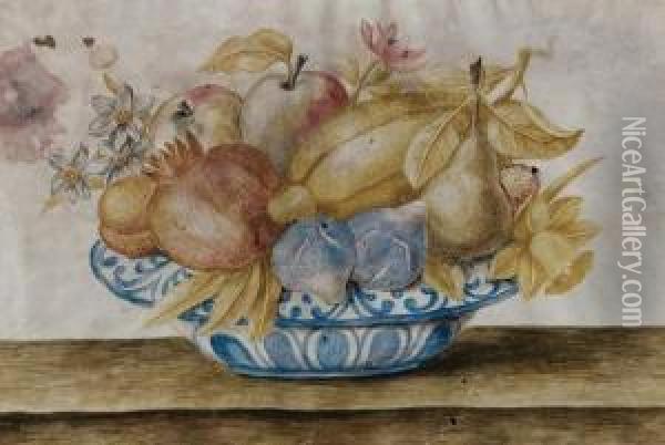 Fichi, Mele, Un Melograno Ealtri Frutti E Fiori In Un Piatto Di Ceramica Oil Painting - Octavianus Montfort