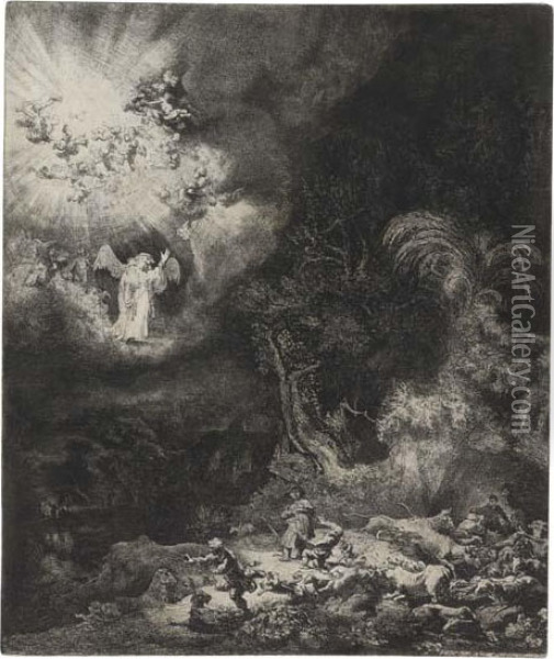 The Angel Appearing To The Shepherds Oil Painting - Rembrandt Van Rijn