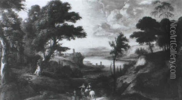 An Extensive Italianate Landscape With Travellers On A      Track, A Lake And A Castle Beyond Oil Painting - Jacques d' Arthois