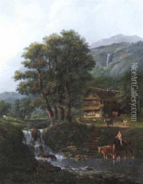 Bauernhaus Am Fluss Oil Painting - Johann Conrad Gessner