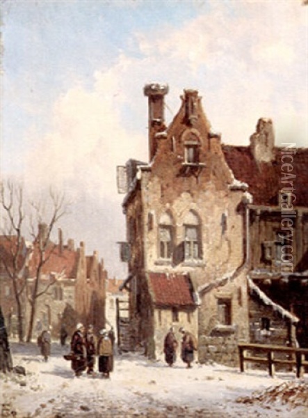 Gathering On A Town Street, Winter Oil Painting - Adrianus Eversen