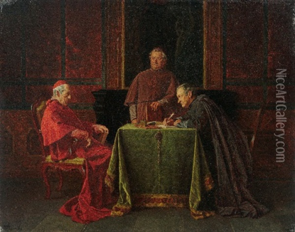 Interieur Mit Kardinal, Schreiber Und Probst Oil Painting - Wilhelm Loewith