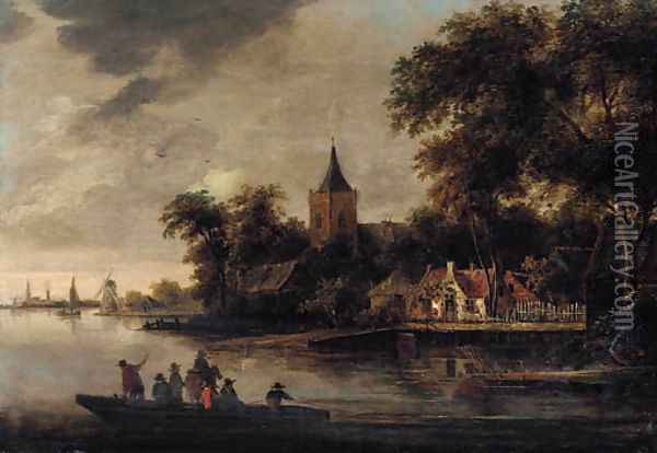 A river landscape with fishermen, a village beyond Oil Painting - Roelof van Vries
