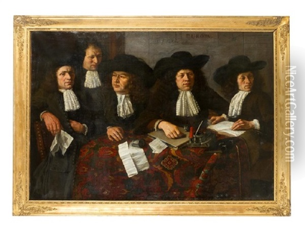 Large Group Portrait Of Five Dutch Merchands Or Members Of A Society With Books, Letters And Ink Set On A Table Covered With An Oriental Carpet In Front Of A Map Of Europe, In The Book And On The Central Letter Possibly Described Oil Painting -  Rembrandt van Rijn