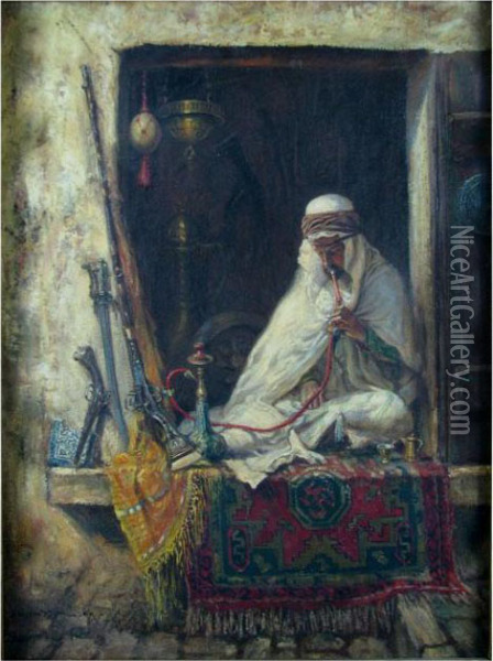 Interior Scene With Arabian Man Seated On Oriental Rug Oil Painting - Addison Thomas Millar