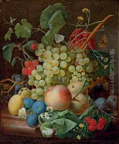 Grapes, cherries, peaches, greengages, plums, daisies and a butterfly on a marble ledge Oil Painting - Jan Frans Eliaerts