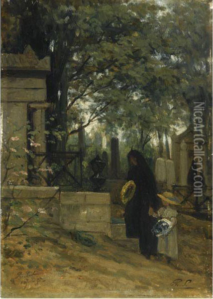 Cimetiere Du Pere Lachaise, Paris Oil Painting - Philippe Lodowyck Jacob Sadee
