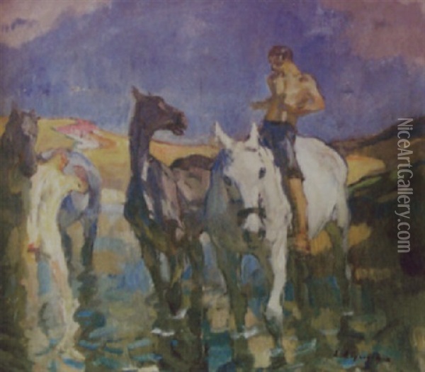Reiter Mit Pferden Am Wasser Oil Painting - Emanuel Hegenbarth