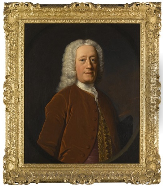 Portrait Of A Gentleman, Possibly Colonel Sir John Walkinshaw Of Barrowfield (1676-1780), Half-length, Wearing A Russet Coloured Coat Over A Pink Waistcoat With An Embroidered Trim Oil Painting - Allan Ramsay