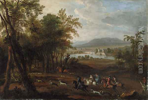 A stag hunt in a wooded landscape, with a mansion beside a river beyond Oil Painting - Jan Wyck