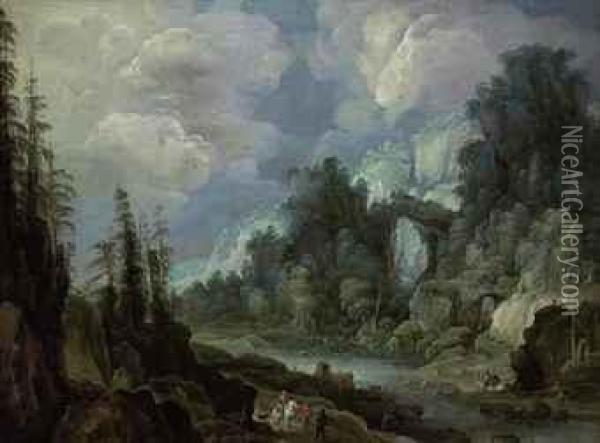 An Extensive Mountainous, River Landscape With Travellers Oil Painting - Philippe I De Momper