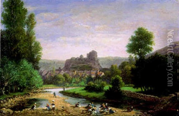 Waescherinnen Am Fluss Vor Einer Schlossruine Oil Painting - Gaspard Gobaut