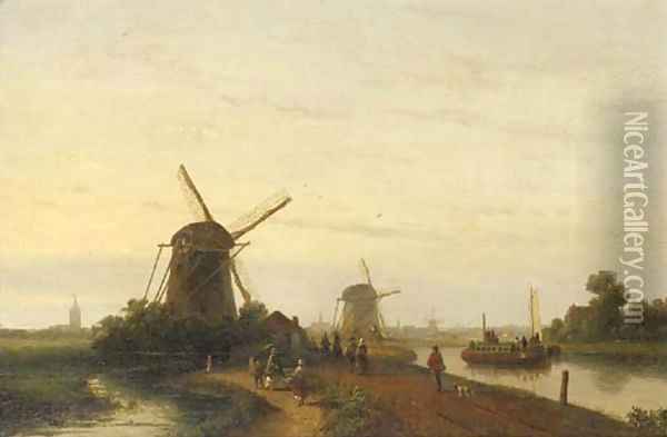 Figures along a canal near The Hague Oil Painting - Lodewijk Johannes Kleijn