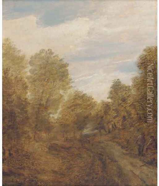 A wooded landscape with figures on a track Oil Painting - Lodewijk De Vadder