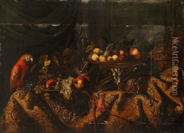 Nature Morte Aux Pieces D'orfevrerie, Fruits Et Perroquet Oil Painting - Nicolas de Largilliere