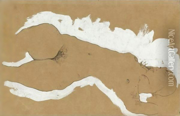 Female Nude With White Border Oil Painting - Egon Schiele