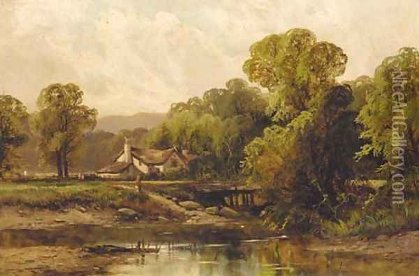 Figures before a cottage in a wooded river landscape Oil Painting - Octavius Thomas Clark