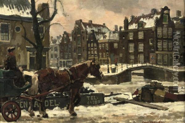 Horse With A Carriage In Amsterdam Oil Painting - Frans Langeveld