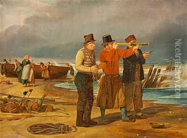 Strandscene Fra Skagen Med Optraekkende Uvejr Oil Painting - Frederik Schepelern