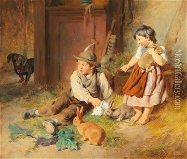 Siblings With A Bunny And A Dachshund Oil Painting - Felix Schlesinger